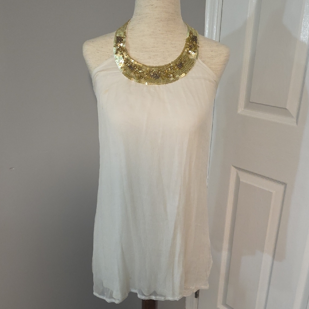 Elegant Off White Top with Gold Sequin Collar